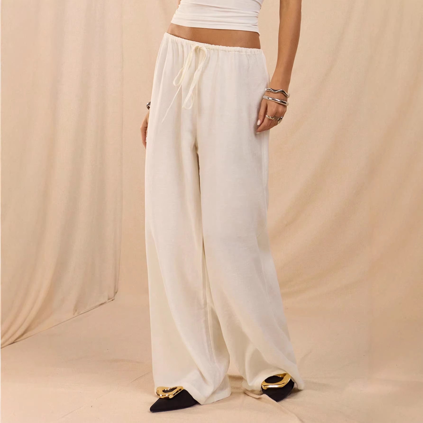 Ladies Wide Relax Pants made of Viscose-Linen Blend with Elastic Waistband and Drawstring Chichicherry