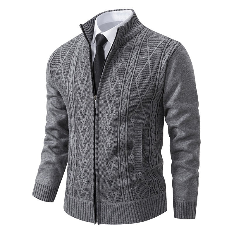Men's fine-knit zip jacket with geometric jacquard pattern, stand-up collar and inset pockets Chichicherry