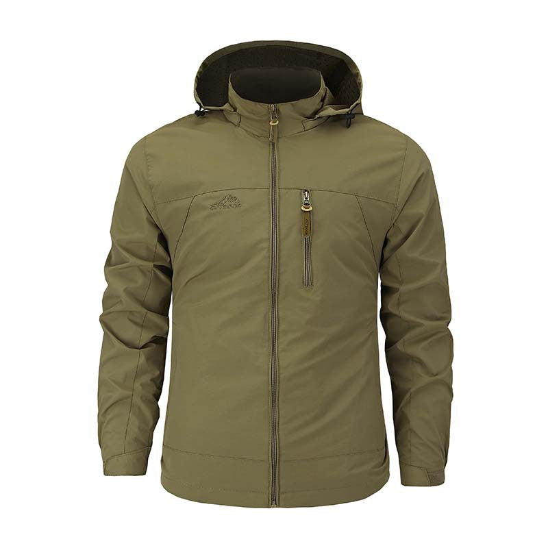 Men's Multifunctional Softshell Outdoor Jacket with Hood, Chest Zipper, and Breathable Lining Chichicherry