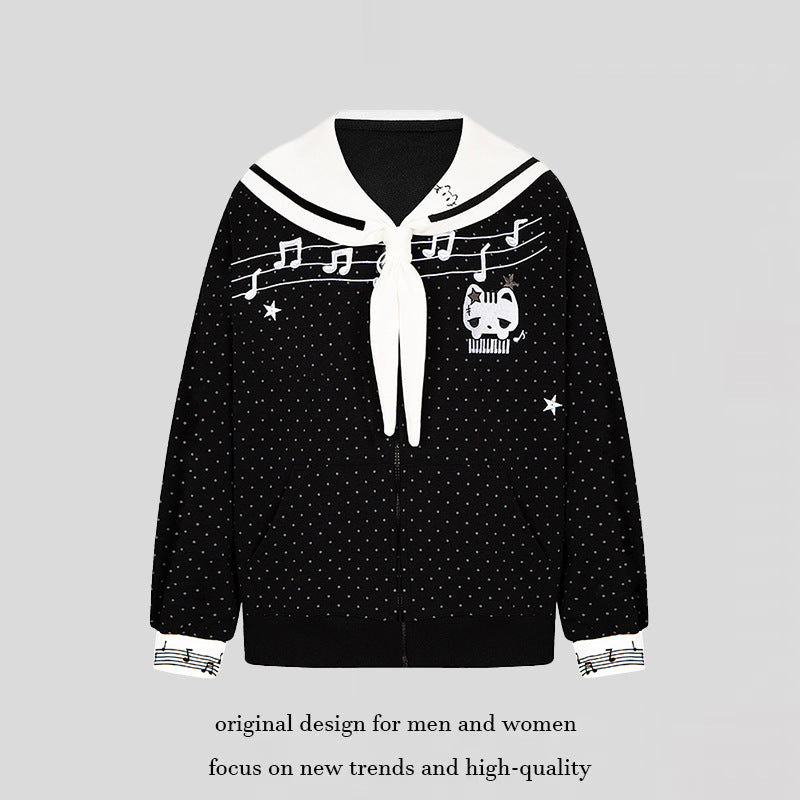 Women's zip-up sweat jacket in sailor style with bow collar, polka dot and music motif Chichicherry