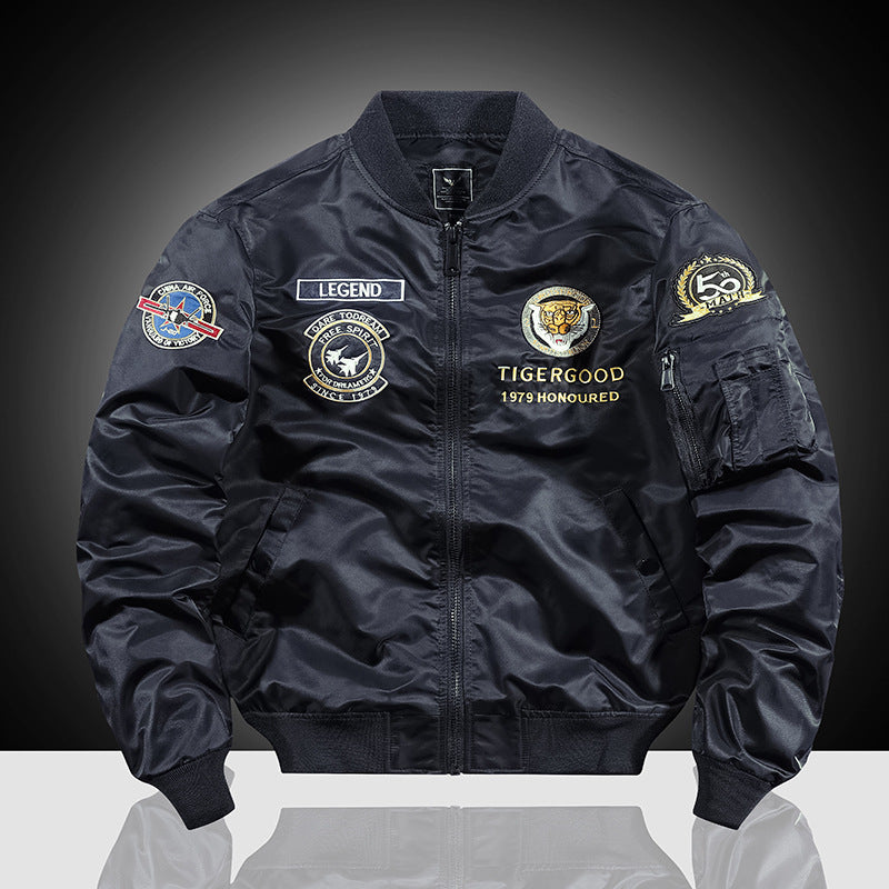 Men's embroidered nylon flight jacket with large tiger and motorcycle motif Chichicherry