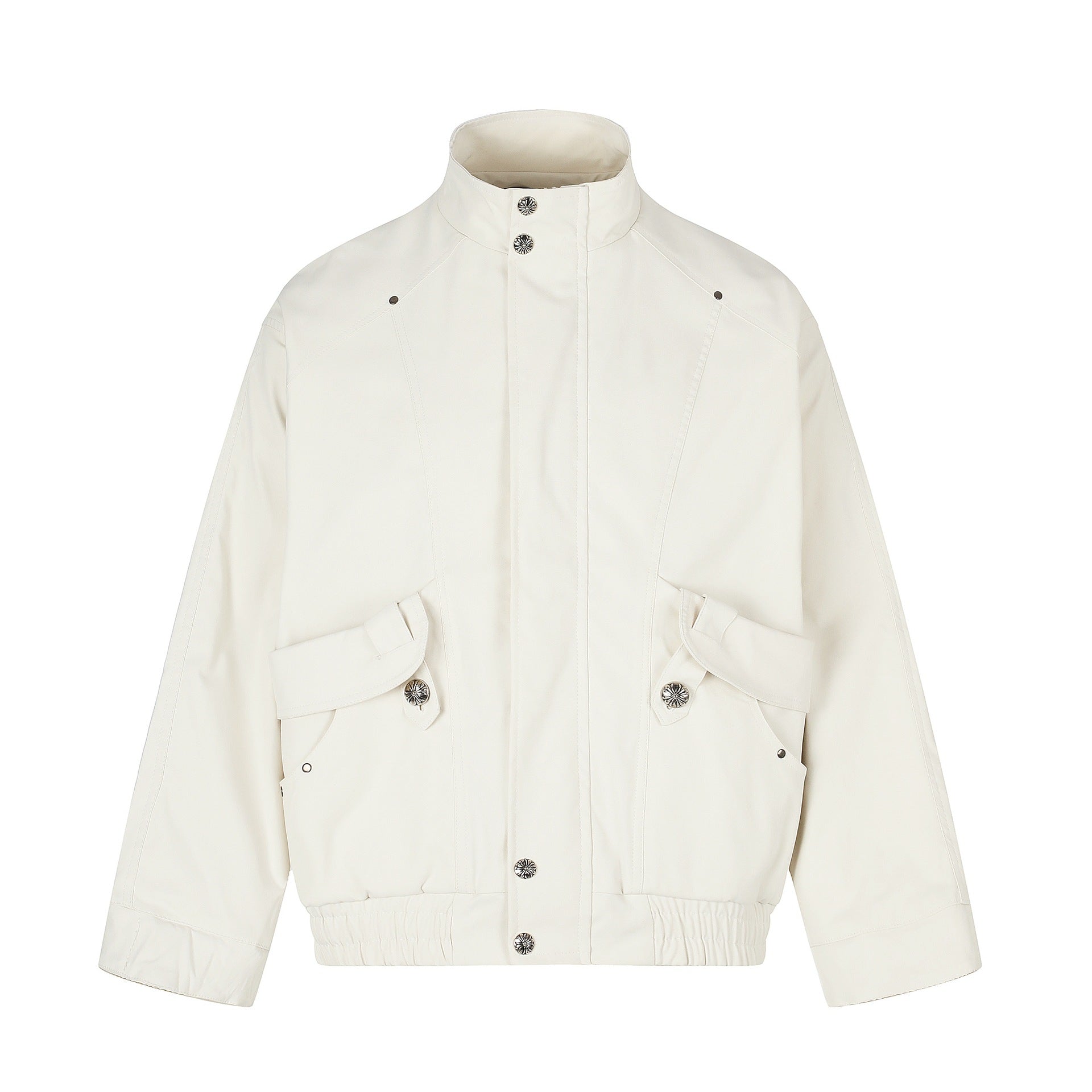 Women's Short Boxy Bomber with High Funnel Neck, Utility Patch Pockets and Elastic Hem Drop