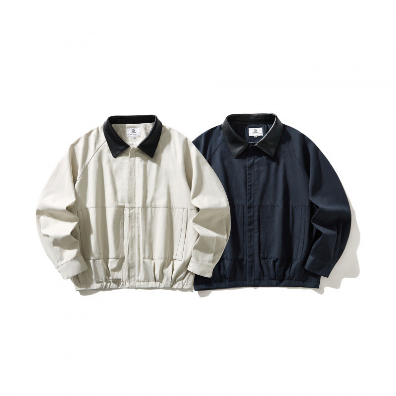 Men's short-cut canvas jacket with imitation leather collar and elastic hem Chichicherry