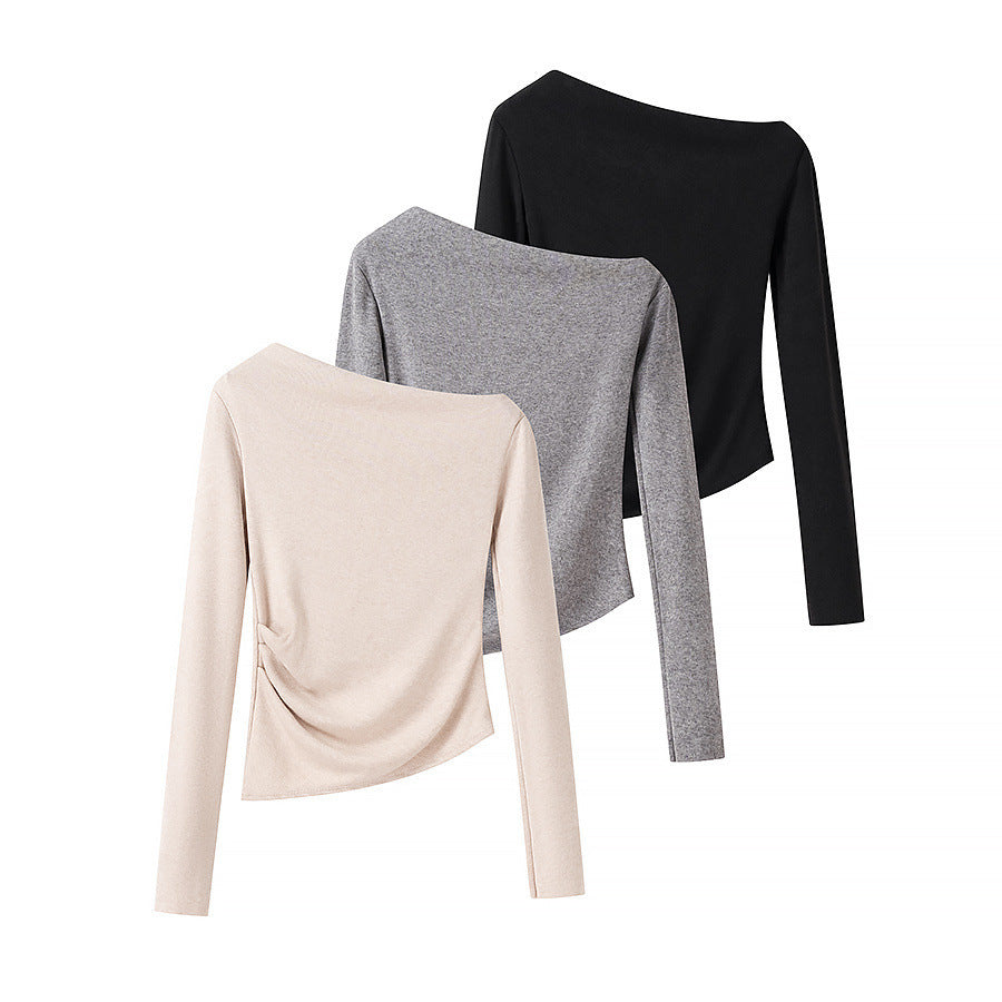 Women Asymmetric One-Shoulder Long Sleeve Top with Ruching Chichicherry