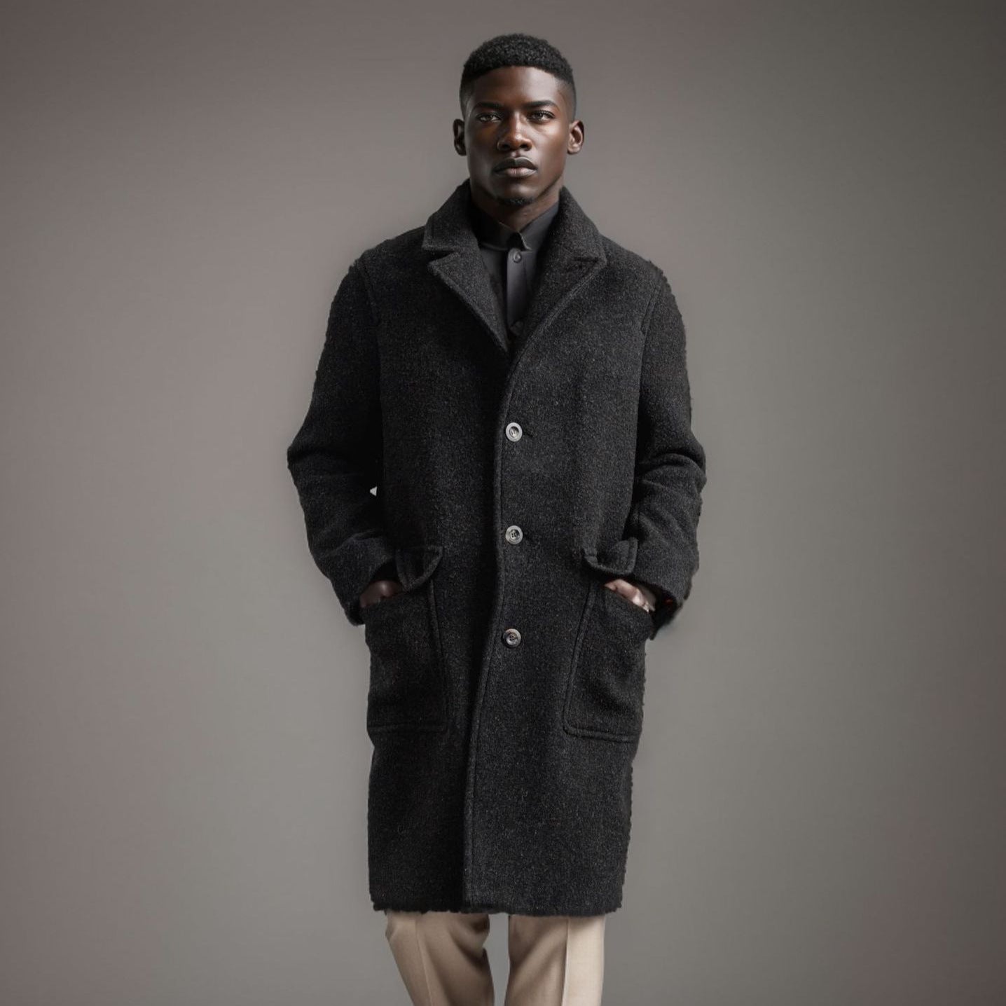 Men's Mid-Length Teddy Wool Coat with Patch Pockets and Stand Collar Chichicherry