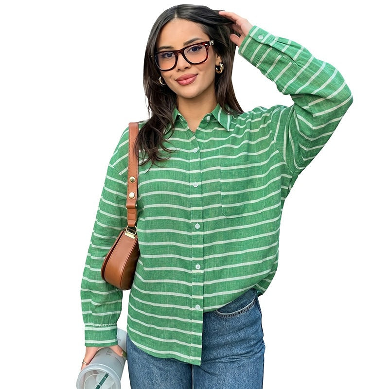 Women's Casual Linen Look Shirt Blouse with Stripes, Oversized Fit and Chest Pocket Chichicherry
