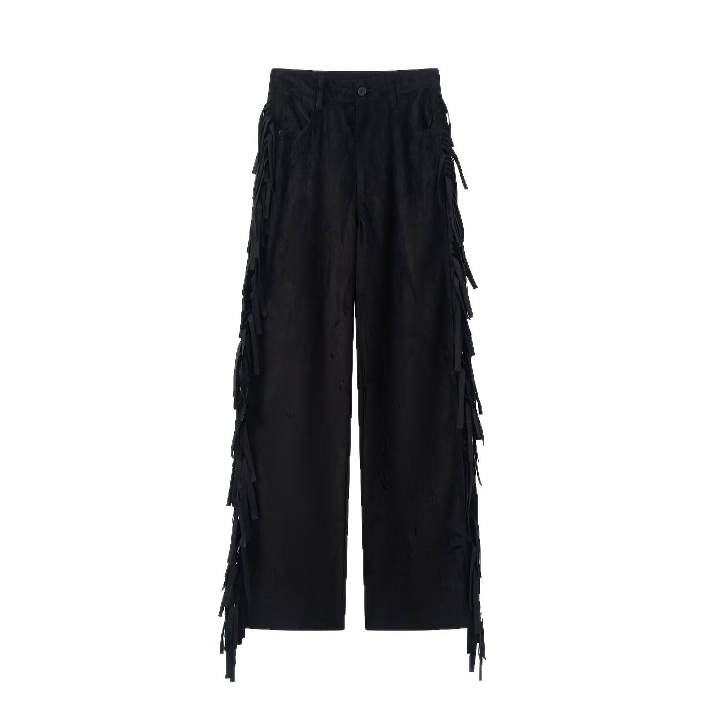 Women Wide High-Waist Flared Trousers with Side Fringes and Suede Look Chichicherry