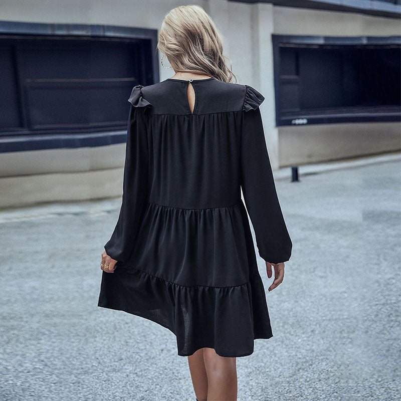 Women's Tiered Mini Dress with Ruffled Shoulders and Long Sleeve Chichicherry