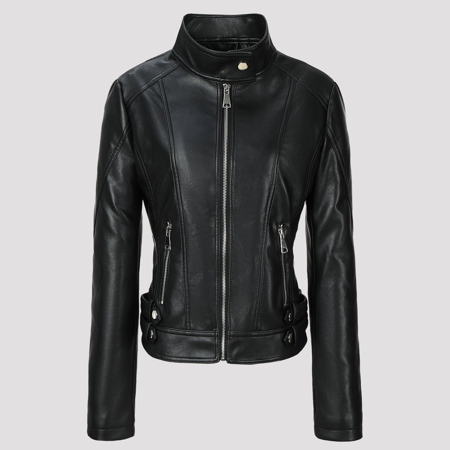Ladies Tailored Faux Leather Biker Jacket with Stand-Up Collar, Vertical Decorative Seams and Side Buckle Straps Chichicherry
