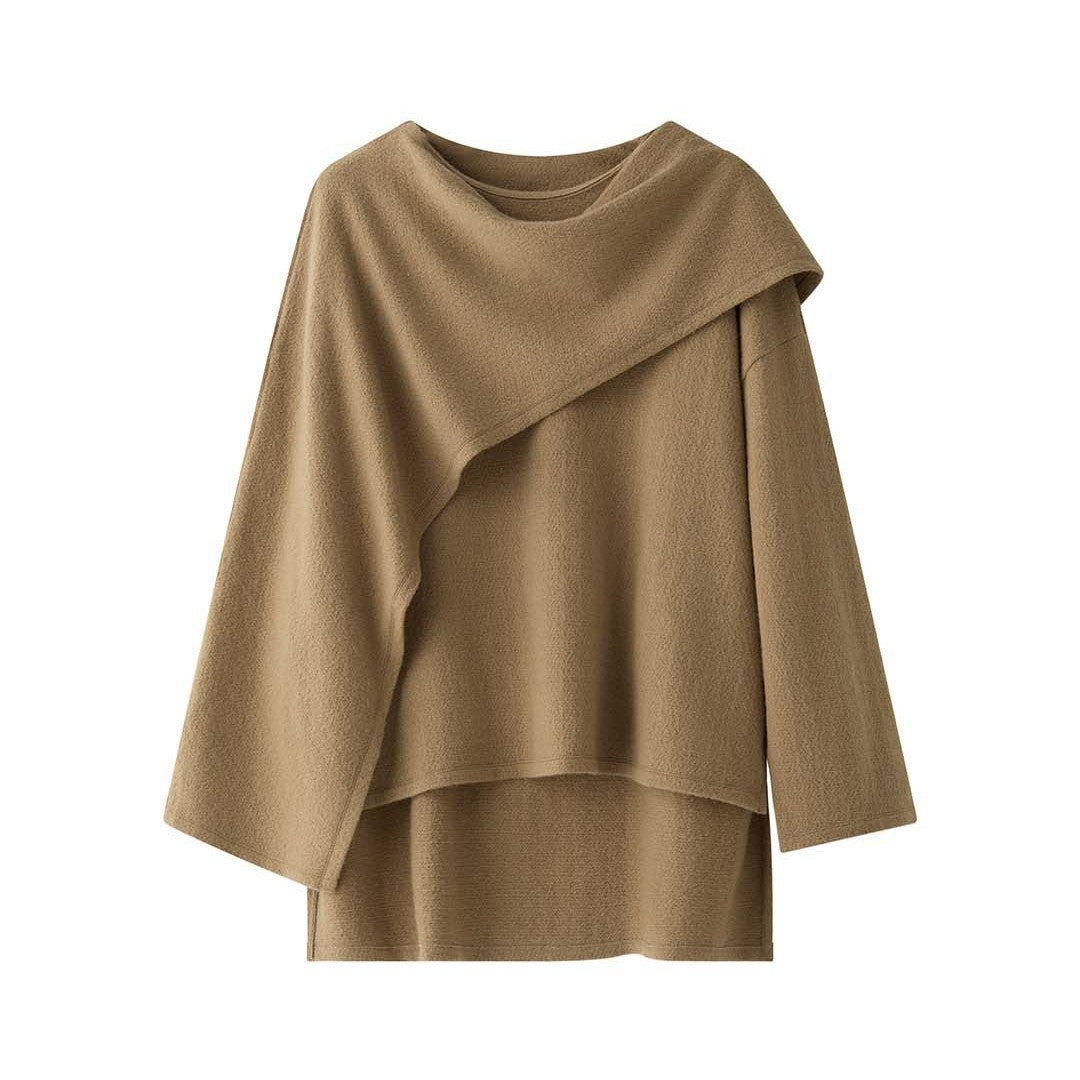 Women Asymmetric Wool Blend Poncho with Wide Boat Neck and Layered Look Chichicherry