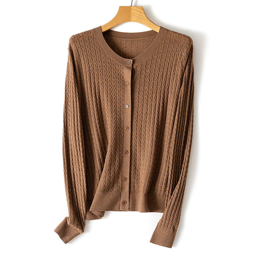 Women's Fine Knit Cardigan with Cable Pattern, Crew Neck and Button Placket Chichicherry
