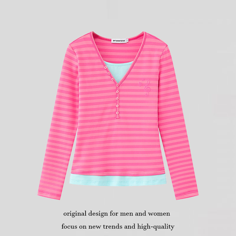 Women’s Layered Long Sleeve Shirt with Henley Button Placket and Contrasting Underlayer Chichicherry