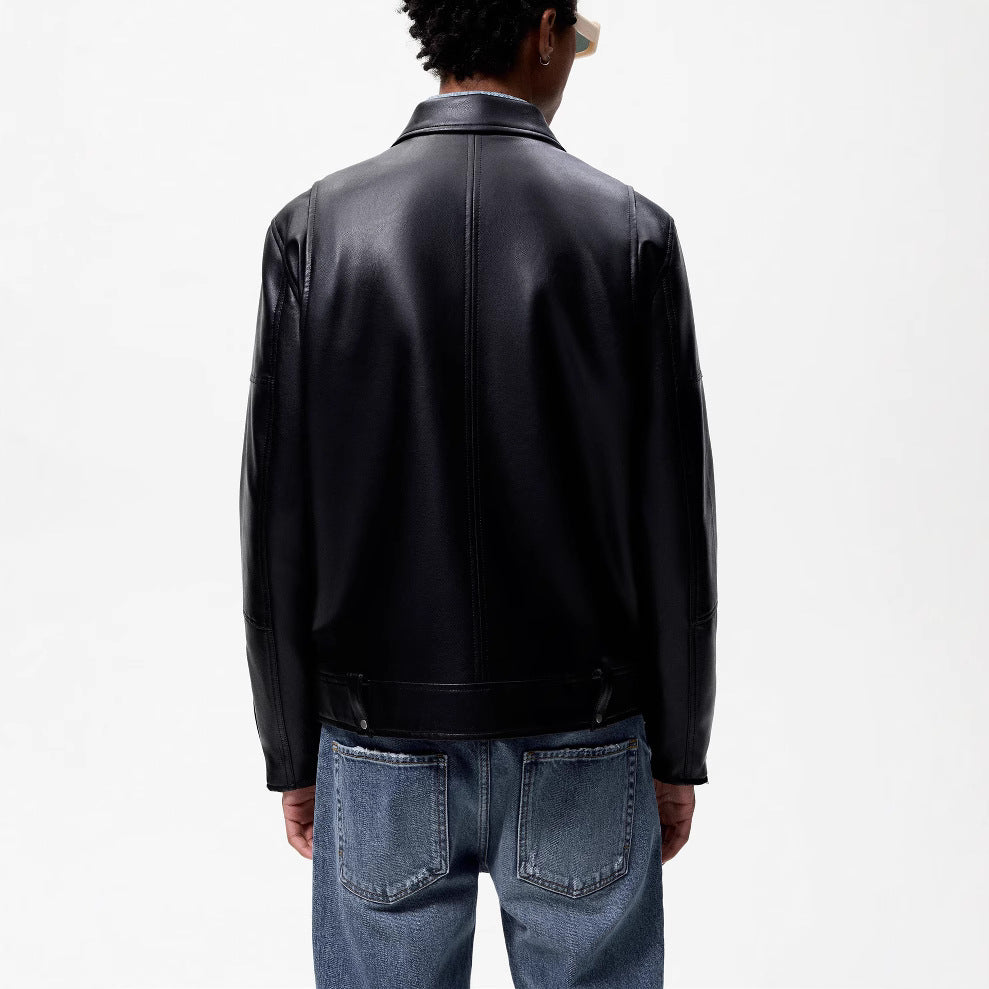 Men's biker jacket made of smooth leather with asymmetrical zipper and distinctive seam design Chichicherry