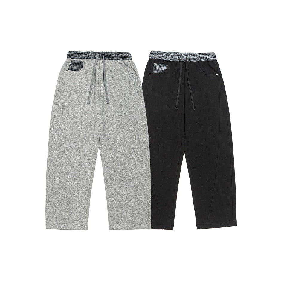Women's Light Sweatpants with High Elastic Waistband, Check Pattern Trim and Wide Cropped Cut Chichicherry