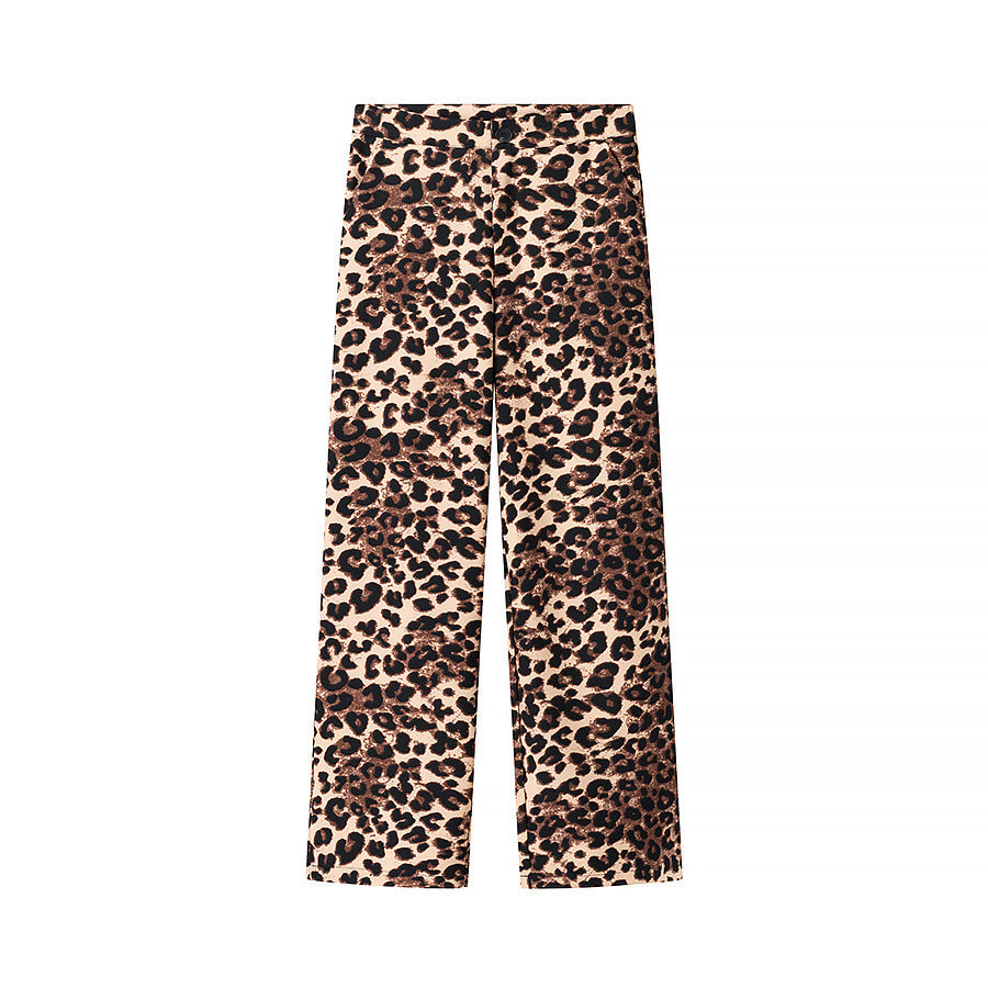 Ladies Wide High-Waist Palazzo Pants with Leopard Print and Flowing Fall Chichicherry
