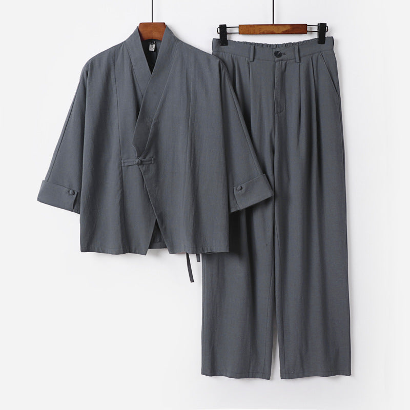 Men's Modern Zen Loungewear Set made of Lightweight Material with Short Kimono and Tailored Tapered Trousers Chichicherry