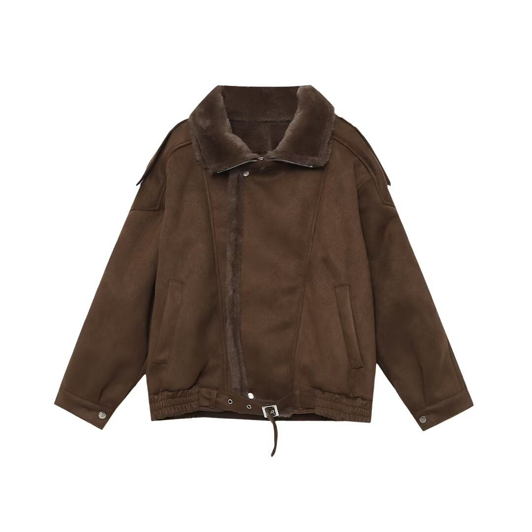 Women's Oversized Aviator Jacket with Teddy Lining, Stand Collar and Waist Belt Chichicherry