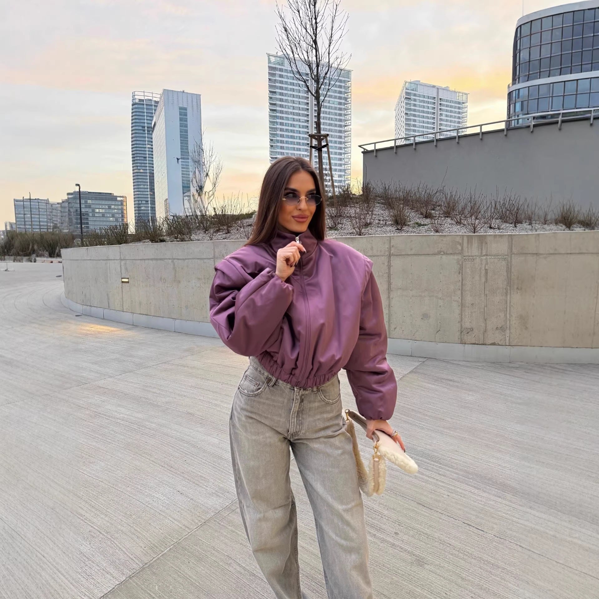 Women's Padded Cropped Jacket with Stand Collar, Drawstring Hem and Dropped Shoulder Details Chichicherry