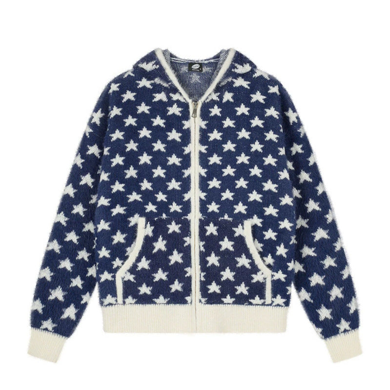 Women Fluffy Knit Zip Jacket with Allover Star Pattern, Kangaroo Pockets and Ribbed Cuffs Chichicherry