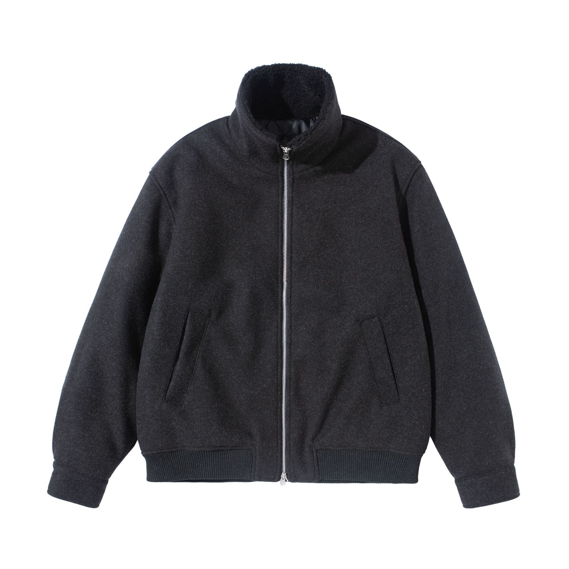 Unisex Boxy Wool Felt Bomber Jacket with High Stand-Up Collar, Fleece Lining and Ribbed Hem Chichicherry
