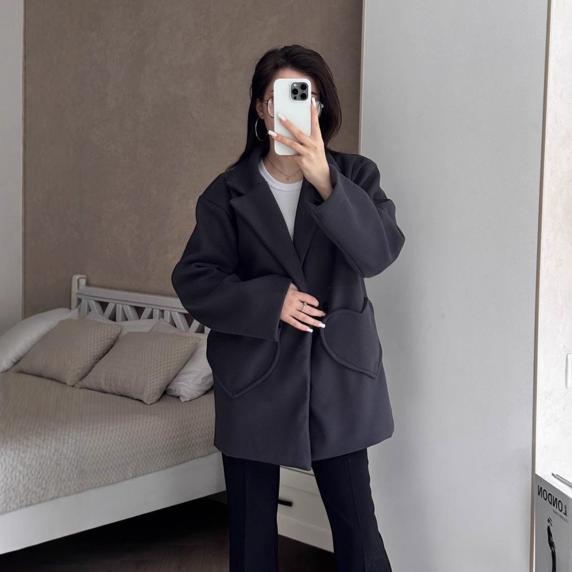 Damen Oversized Blazer-Mantel mit herzförmigen Taschen Chichicherry