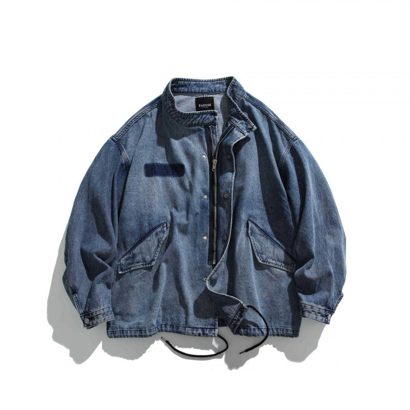 Men's Oversized Jeans Jacket with Stand Collar, Flap Pockets and Drawstring Chichicherry