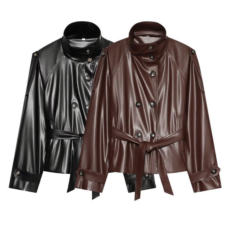Women's Cropped Faux Leather Blouson with High Collar, Double Button Placket and Tie Belt Chichicherry