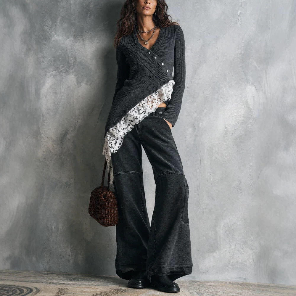 Women's Asymmetrical Knit Cardigan with Lace Trim and Button Placket Chichicherry