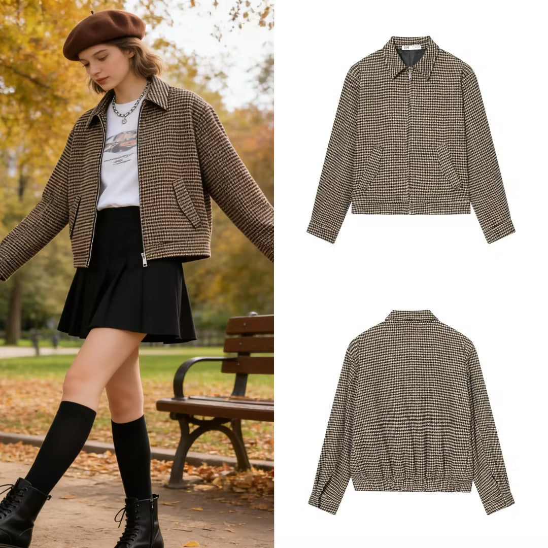 Women Boxy Short Jacket made of Wool Blend with Houndstooth Pattern, Zipper and Shirt Collar Chichicherry
