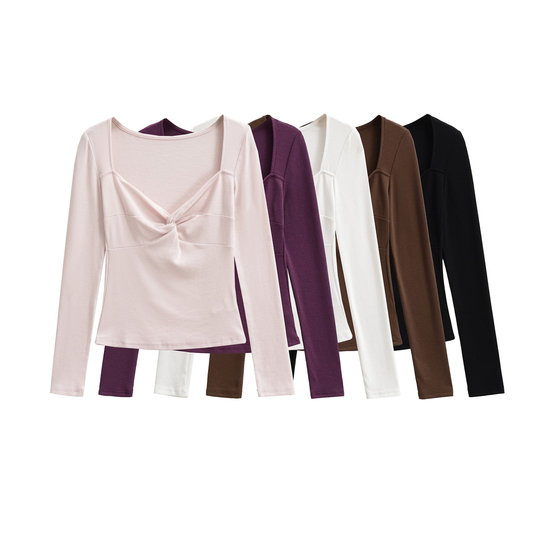 Women's Long Sleeve Shirt with Twist Knot Detail, Shaping Bust Part and Wide Neckline Chichicherry