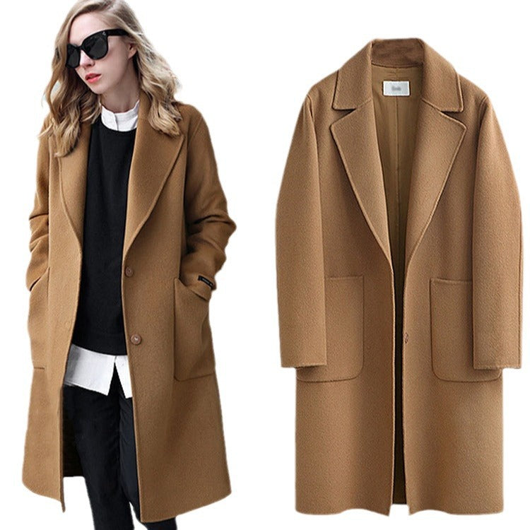Women Longline Wool Blend Coat with Oversized Lapel and Patch Pockets Chichicherry