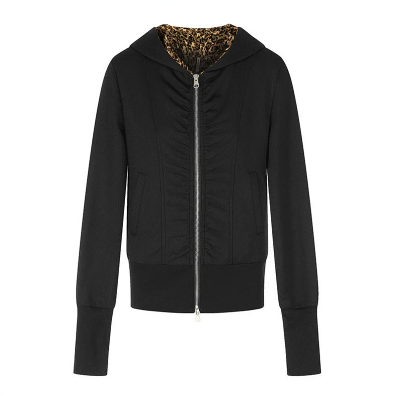 Women's Hooded Sweat Jacket with Full Zip, Gathered Front and Leopard Hood Lining Chichicherry