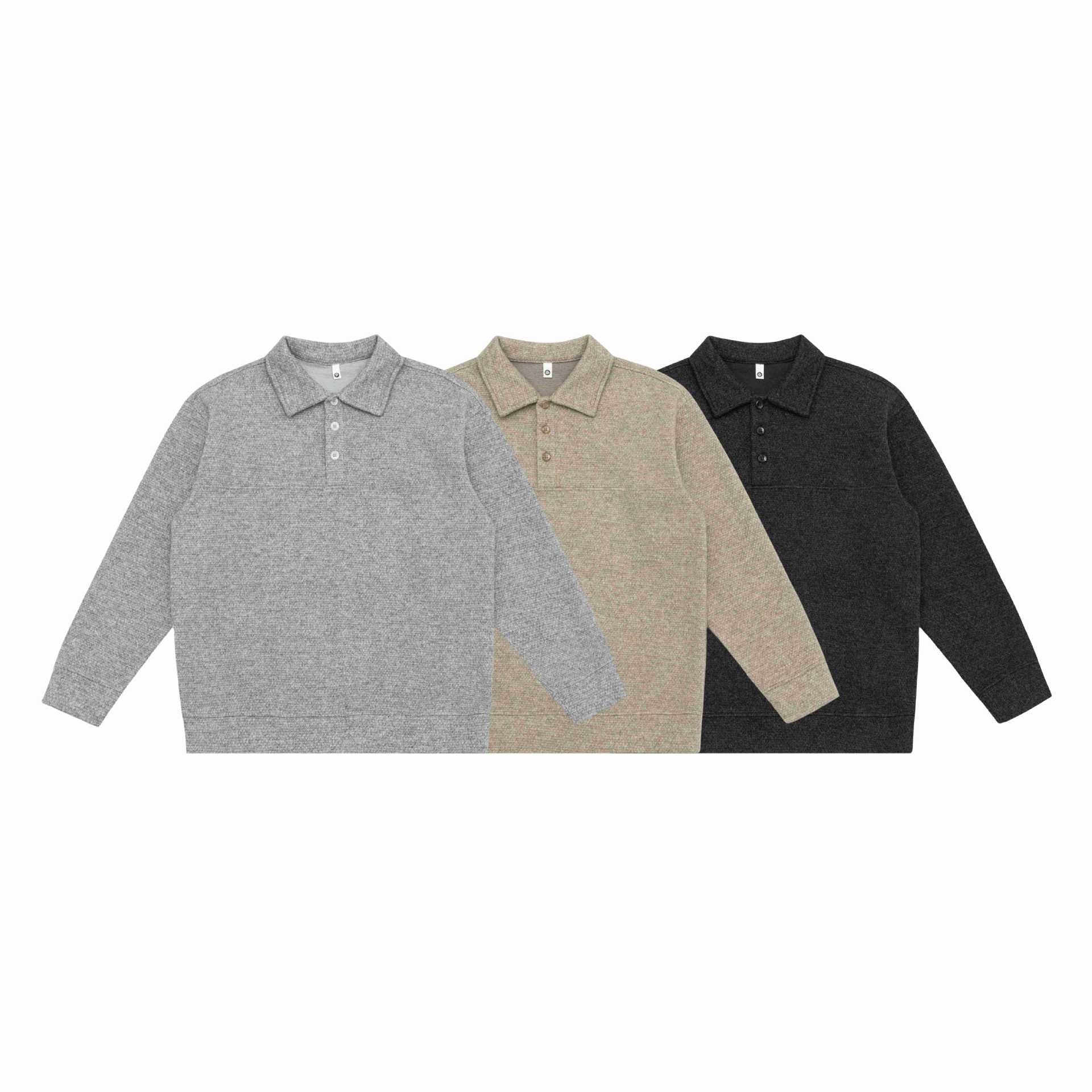 Unisex fine structure polo collar sweater with half button placket and ribbed hem Chichicherry