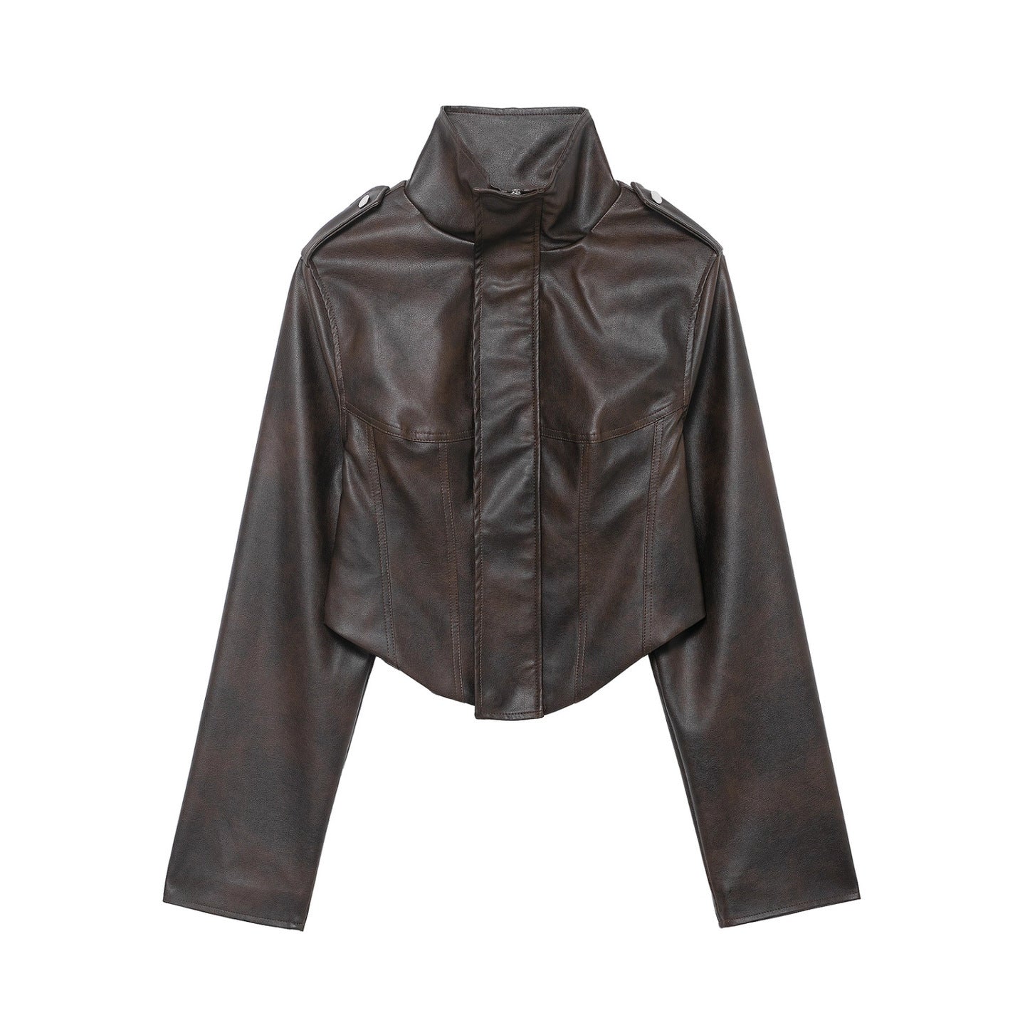 Women's short jacket made of faux leather with a high stand-up collar, shoulder flaps, and tailored silhouette Chichicherry