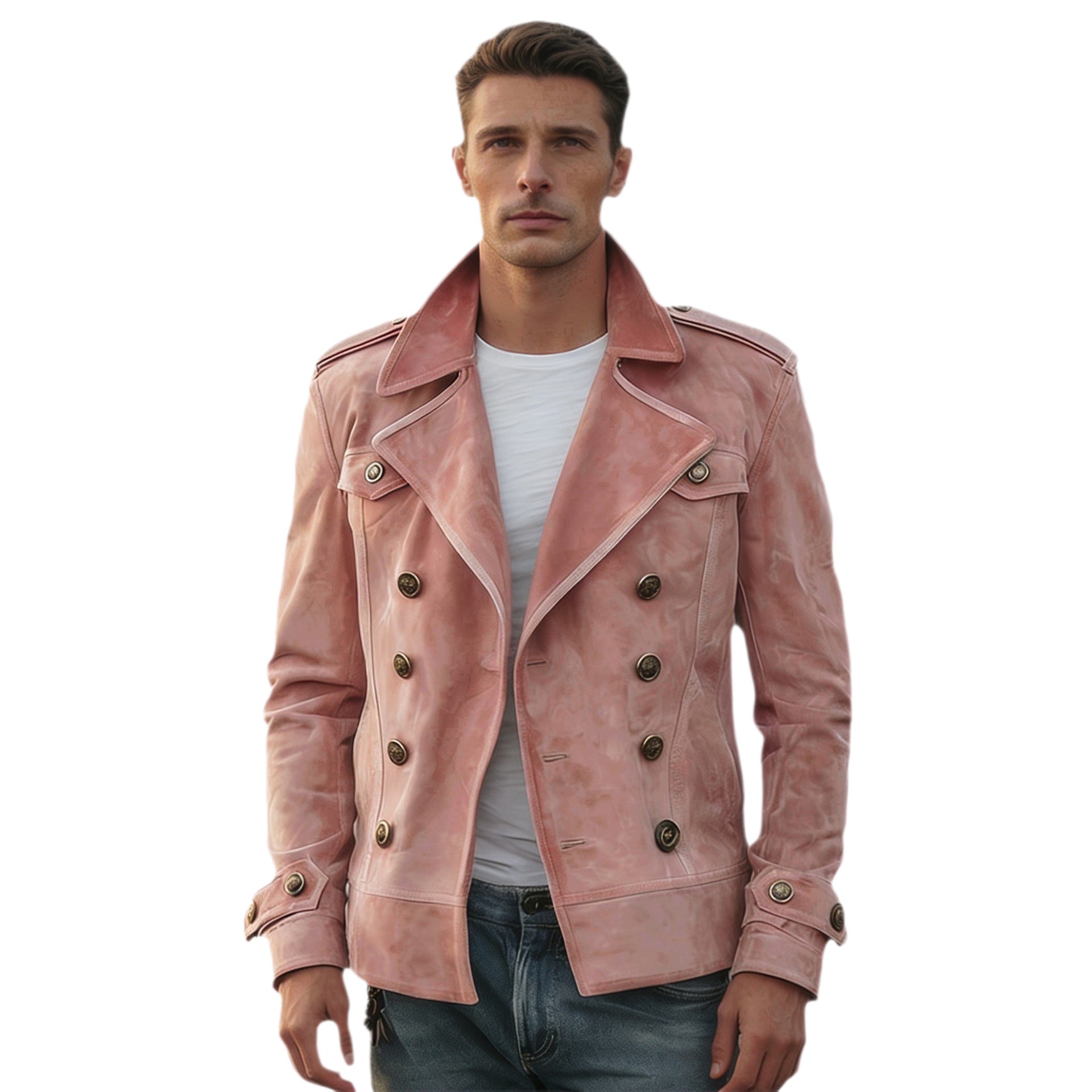 Men's Double-Breasted Leather Jacket in Vintage Look with Shawl Collar and Epaulettes Chichicherry