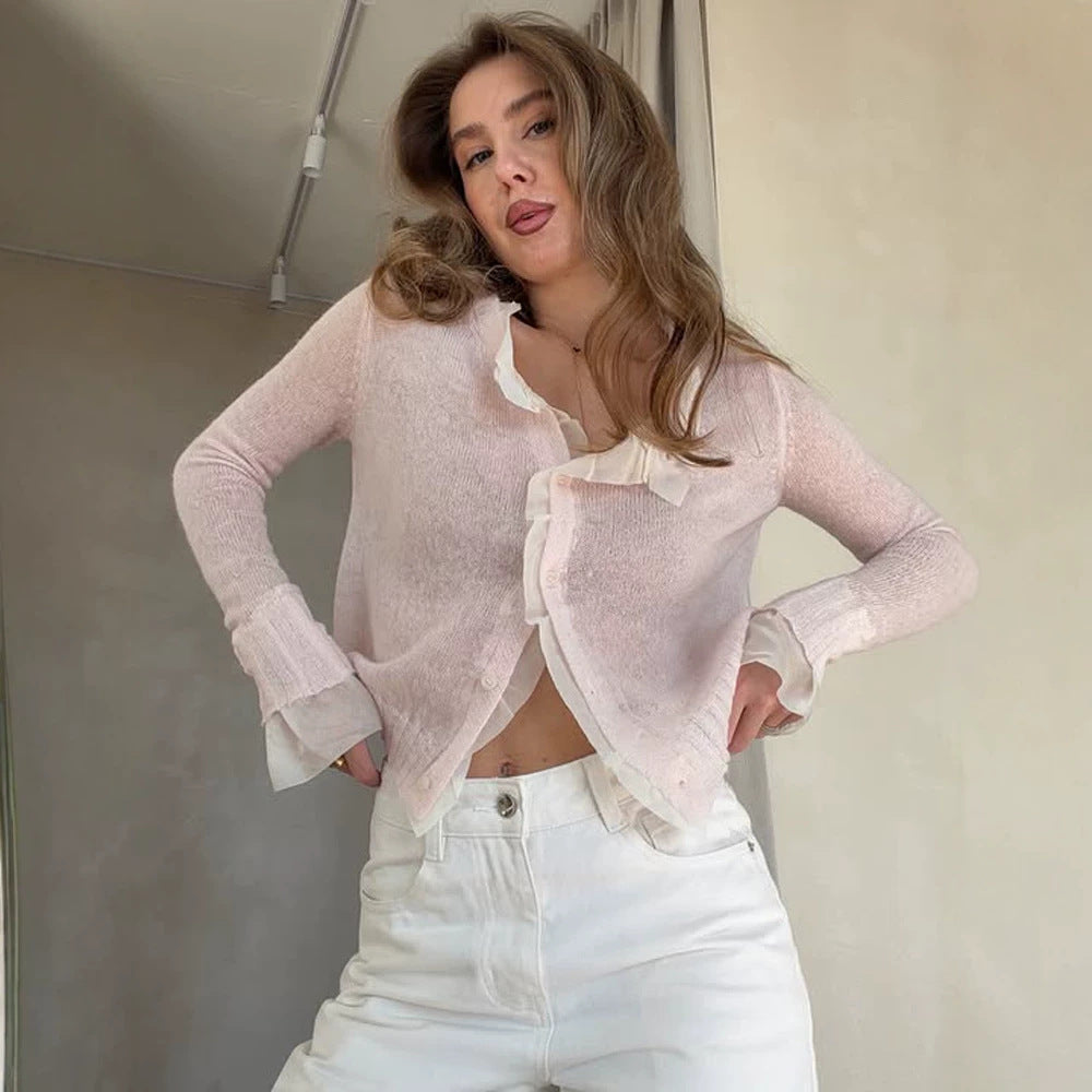 Women's Lightweight Short Mohair-Style Cardigan with V-Neck and Button Placket Chichicherry