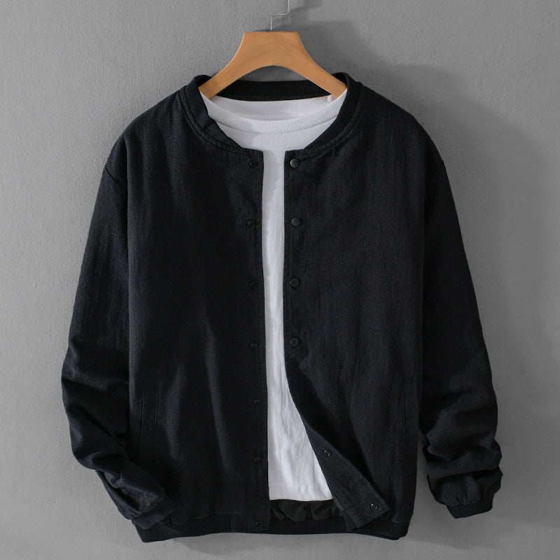 Men's Lightweight Linen Bomber Jacket with Stand Collar and Snap Buttons Chichicherry