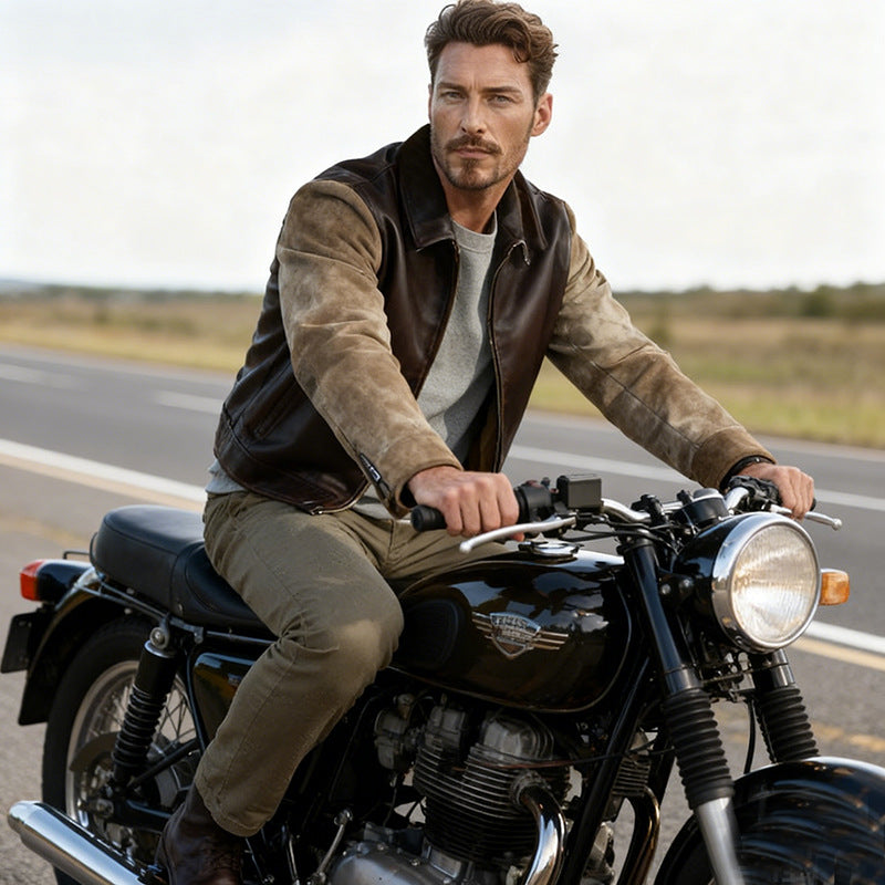 Men's leather jacket with cord sleeves, shirt collar and full zip Chichicherry