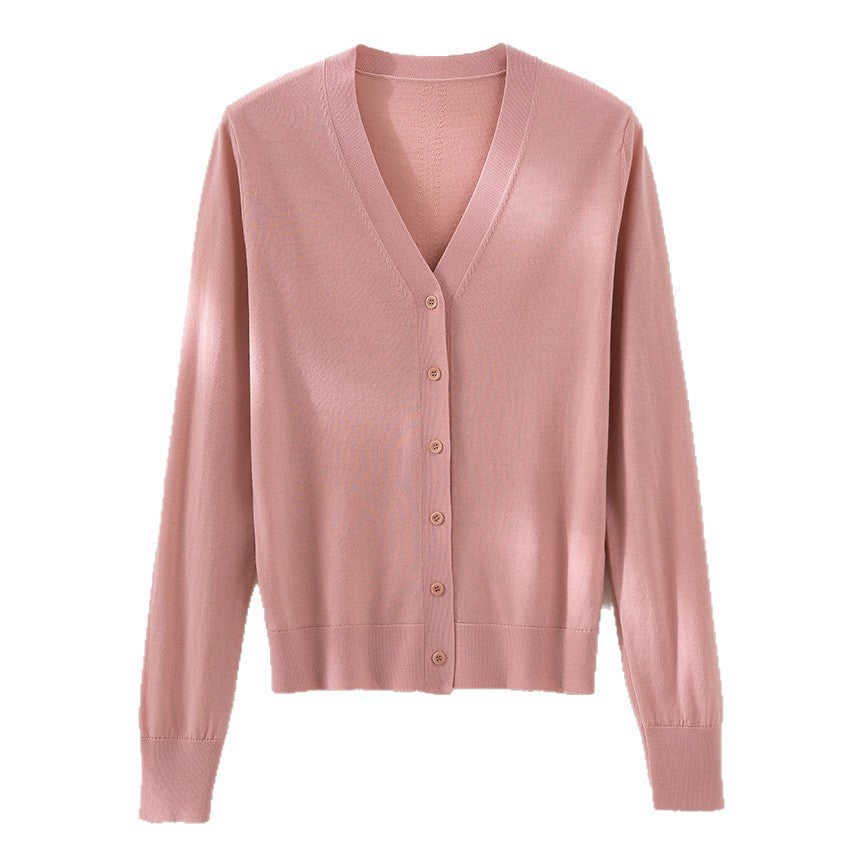 Women's fine-knit cardigan with V-neck, button placket, and ribbed cuffs Chichicherry