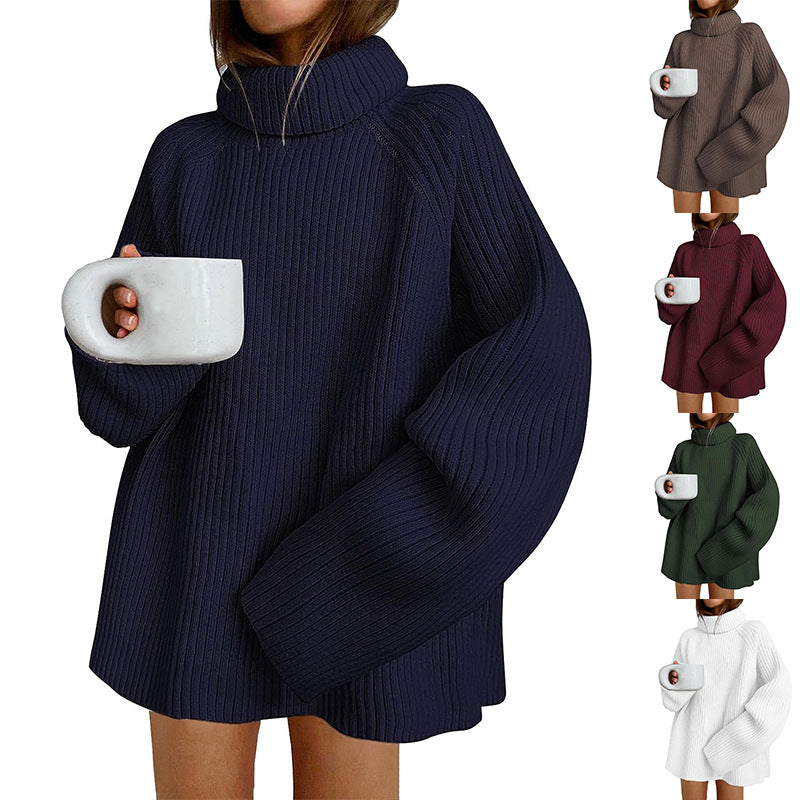Women’s Oversize Pullover Dress made of Rib Knit with High Roll Neck and Voluminous Sleeves Chichicherry