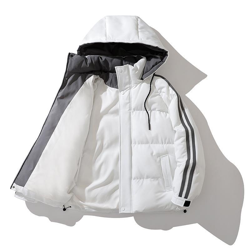 Unisex Padded Hooded Jacket with Drawstring and Contrast Stripes Chichicherry