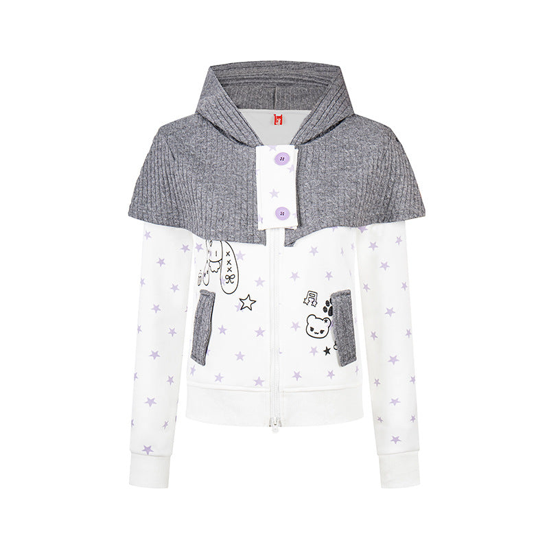 Women's hooded sweatshirt jacket with removable knitted cape, star print and front zipper Chichicherry