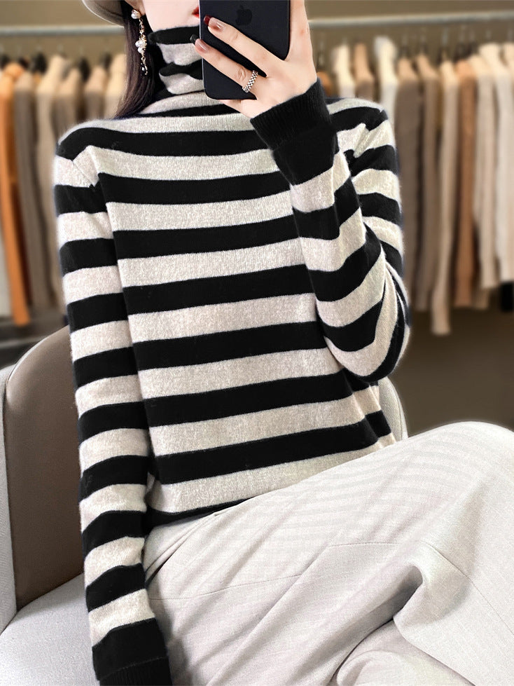 Women Casual Striped Turtleneck Sweater made of Wool Blend with Relaxed Fit Chichicherry