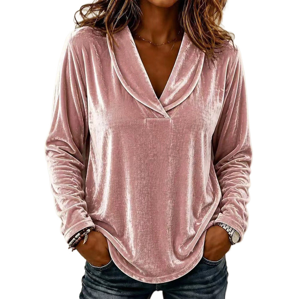 Damen Samt-Relaxshirt mit Schalkragen, V-Ausschnitt und legere Oversize-Passform Chichicherry
