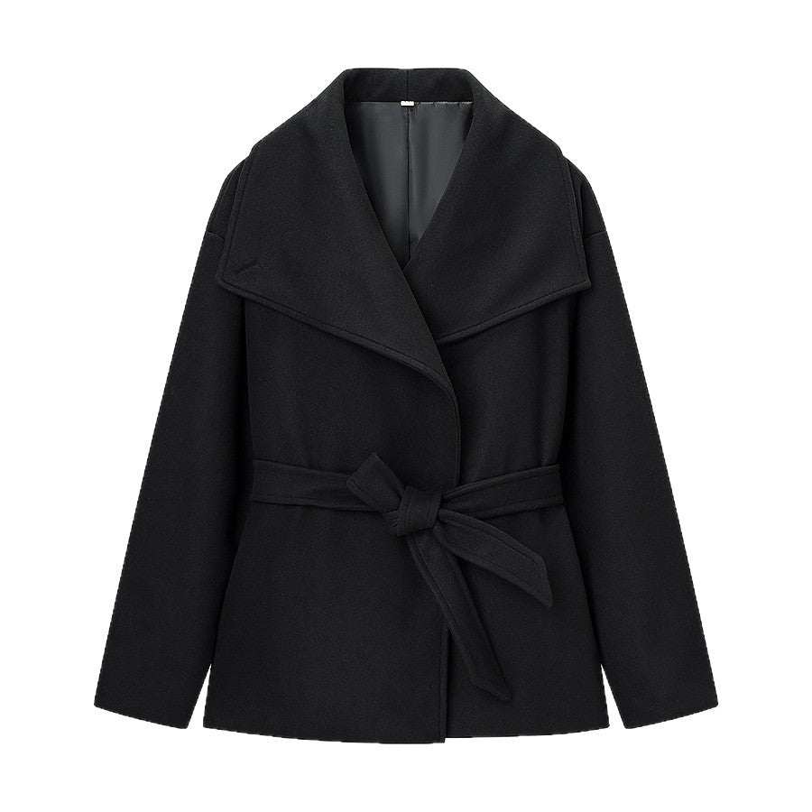 Women's Short Wool Blend Coat with Wide Shawl Collar and Waist Belt Chichicherry