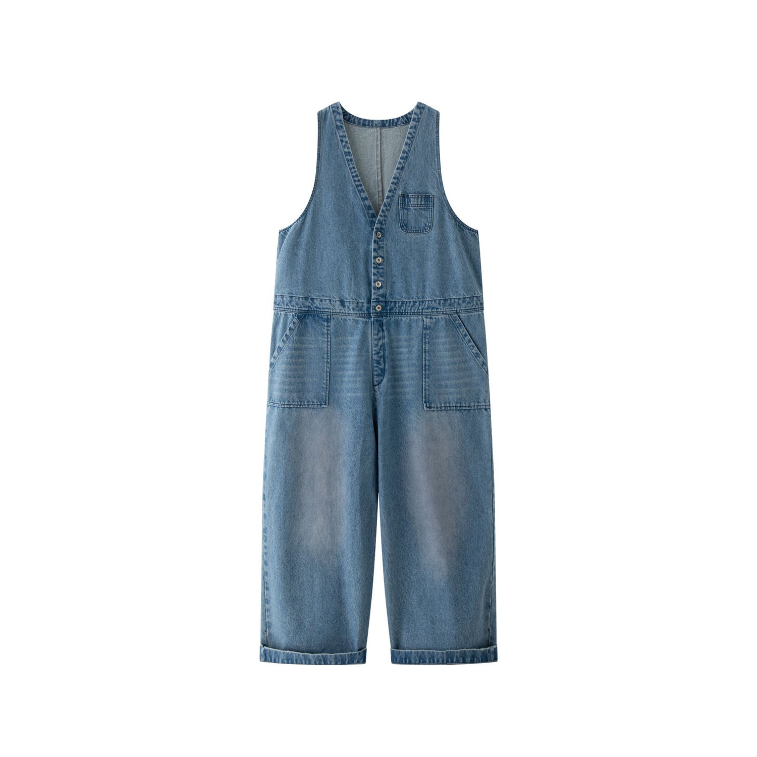 Women's Loose Denim Overalls in Baggy Style with Deep V-Neck and Button Placket Chichicherry
