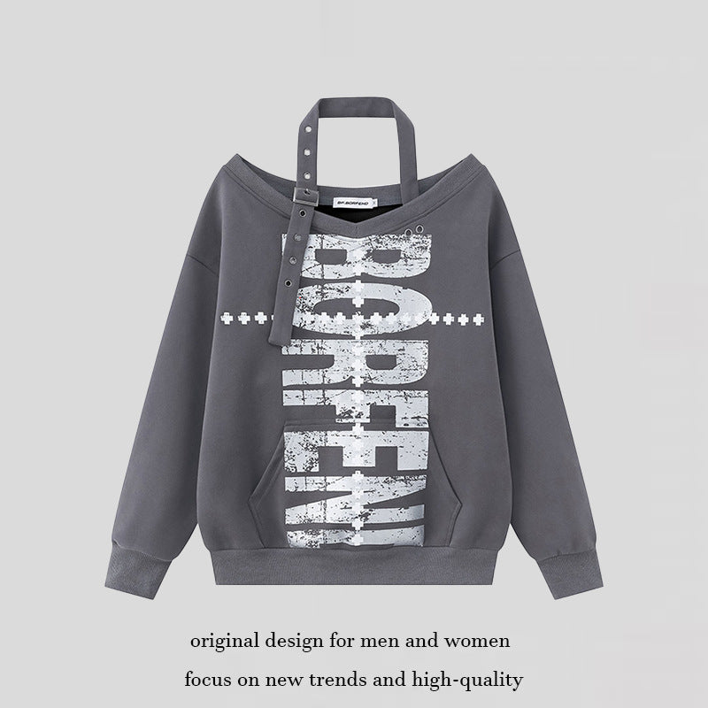 Women's cotton blend sweater with removable neck strap, kangaroo pocket and distressed logo print Chichicherry