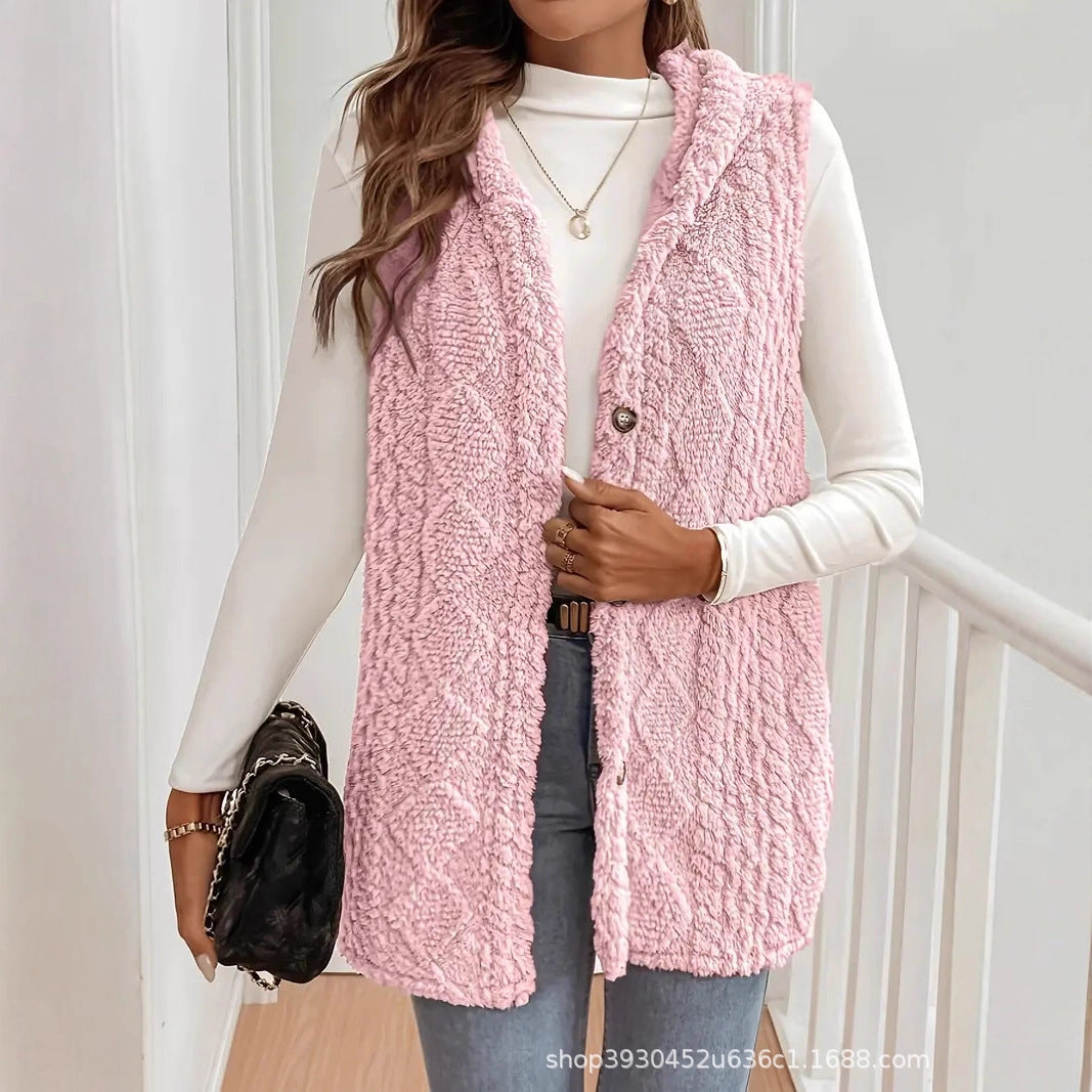 Women Fleece Lined Teddy Vest with Hood and Button Closure Chichicherry