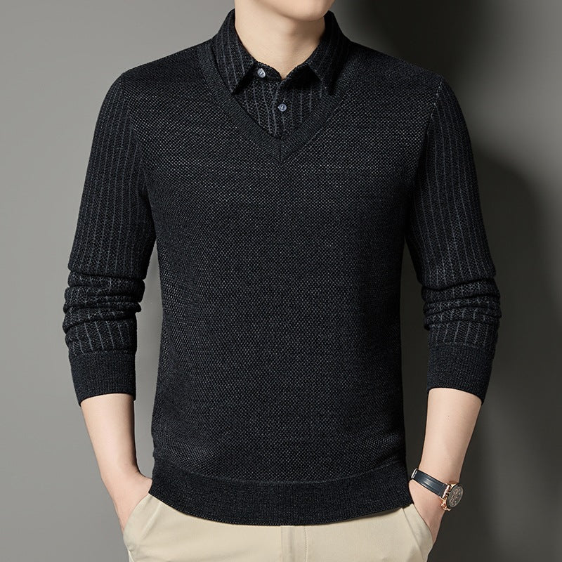 Herren Feinstrick-Pullover mit V-Ausschnitt und integriertem Polokragen Chichicherry