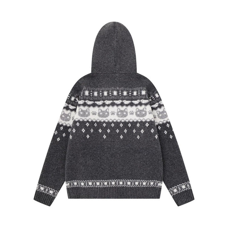 Women's Hooded Knit Jacket with Norwegian Pattern, Double Zip and Kangaroo Pockets Chichicherry